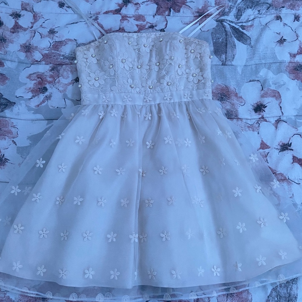 White/Cream Pearl Dress With Flower Design